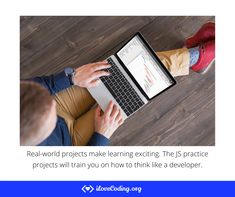 two people sitting at a table with a laptop on their lap top and the caption reads real - world projects make learning the is practice