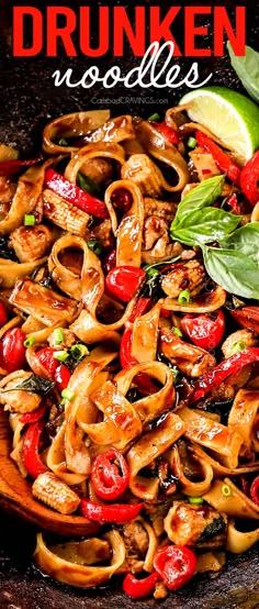 a skillet filled with noodles and vegetables