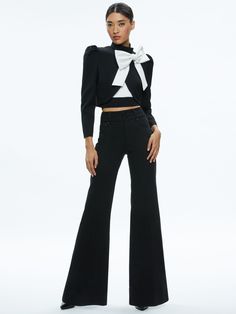 Addison Bow Collar Cropped Jacket In Black/off White Fall Party Outerwear With Bow, Fall Party Outerwear With Puff Sleeves, Chic Puff Sleeve Outerwear For Parties, Chic Party Outerwear With Puff Sleeves, Bow Collar, Alice And Olivia, Cropped Jacket, Crop Jacket, Alice Olivia