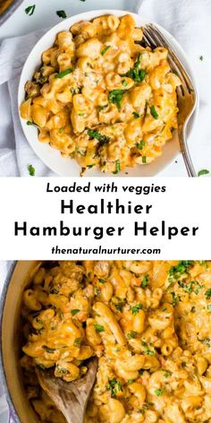 two images with the words loaded with veggies, healthier hamburger helper