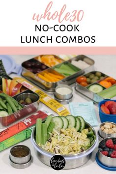 lunch boxes with fruit, celery, chicken salad, vegetables, ranch dip, salad dressing, jerky sticks, cheese, olives, nuts, nut butter packet Easy Paleo Lunches, Paleo Pantry, Whole 30 Lunch, Whole 30 Meal Plan, Whole 30 Diet, No Cook, Food Freedom, Family Meal Planning, Paleo Lunch