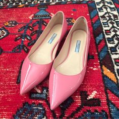 Authentic Super Cute Barbie Pink Prada Flats Size 38. The Tip Of The Toe Does Have A Little Imperfection On The Patent Leather. Other Than That Normal Wear. Prada Flats, Pink Prada, Cute Barbie, Prada Pink, Pointed Toe Flats, Flat Color, Prada Shoes, Bubblegum Pink, Flat Shoes Women