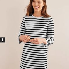 Pristine Never Worn! Boden Cotton Jersey Mini Dress In 100% Cotton Black And White Breton Stripe. 3/4 Sleeves, Crew Neck Size 8: Bust 19”, Pit To Hem 26”, Shoulder To Hem 35”, Pit To Cuff 12” Striped Crew Neck Dresses For Spring, White 3/4 Sleeve Dress For Work, Casual 3/4 Sleeve Mini Dress For Work, Casual Mini Dress With 3/4 Sleeves For Work, Boden Dresses, Striped Mini Dress, White Cotton, Black White, Cuff