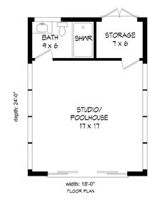 the floor plan for a studio apartment with two bathrooms and an office space on one side