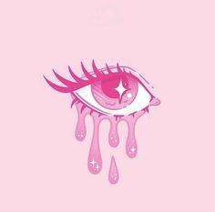 a pink eye with tears on it and the word fluffy written in white