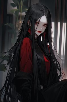 a woman with long black hair and red eyes