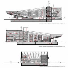 three diagrams showing different sections of a building