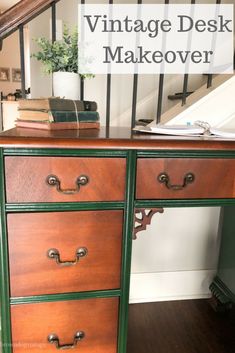 an old dresser is painted green and has the words vintage desk makeover on it