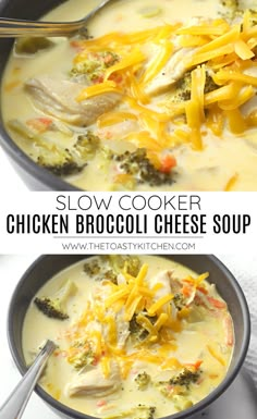 two pictures of chicken broccoli cheese soup