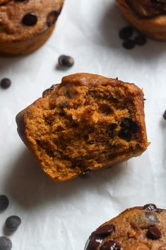 chocolate chip muffins with one cut in half