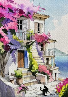 a watercolor painting of a house with flowers and a cat sitting on the steps