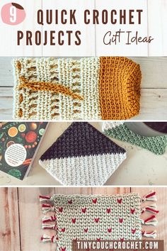 text at the top says "9 quick crochet projects gift ideas" followed by 3 photos of crochet items such as a crochet cozy, potholder and coaster Best Crochet Gifts, Quick Crochet Gifts, Crochet Gift Ideas, Crochet Potholder Patterns, Quick Crochet Projects, Crochet Beanies, Crochet Best, Gifts To Make, Crochet Pillow Pattern