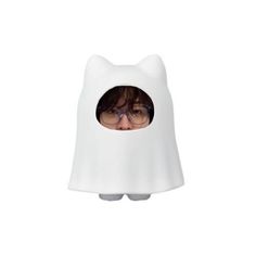 a white cat shaped object with a man's face in it