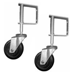 two metal casteors with black rubber wheels on each side and one is holding a square plate