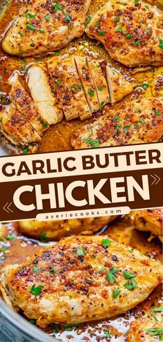 garlic butter chicken in a pan with text overlay