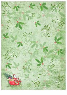 a green christmas background with holly leaves and santa in a sleigh on it