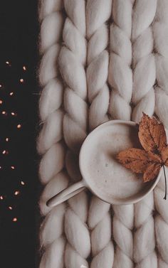 a white bowl and spoon sitting on top of a knitted blanket next to an orange leaf