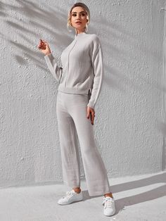 Light Grey Casual  Long Sleeve  Plain Pants Embellished Non-Stretch Fall/Winter Women Knitwear Pants Embellished, Wide Leg Pants Outfit, Leg Pants Outfit, Plain Pants, Drop Shoulder Sweaters, Knit Pants, Casual Sets, Sweater Knit, Trendy Fashion Women