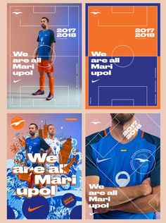 four different sports posters with men in blue and orange uniforms, one is holding his arms crossed