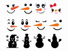 snowman faces with different facial expressions and nose shapes, all in black and white