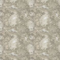 a wallpaper pattern with trees and birds on it in grey, beige and white colors