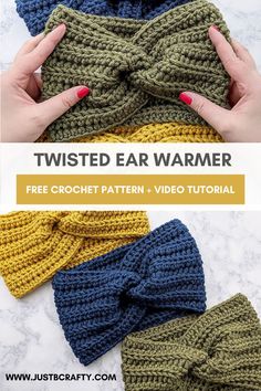 three crocheted headbands with text that reads twisted ear warmer free crochet pattern and video tutor