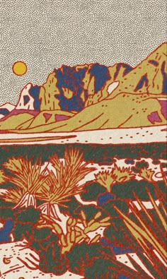 an image of a desert scene with mountains in the background and plants growing on the ground