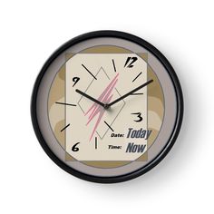 a clock with the words today now on it's face and an abstract design