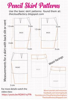 the front and back view of a women's skirt pattern, with measurements for each piece