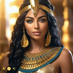 an egyptian woman wearing gold jewelry and blue eyeshadow, with long black hair