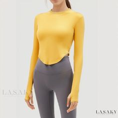 Lasaky - Ribbed Activewear with Built-in Chest Padding: Sensational Long Sleeve Compression Yoga Top for Fitness and Running Stretch Yellow Tops With Moisture-wicking, Yellow Moisture-wicking Stretch Tops, Fitted Yellow Tops For Sports, Yellow Fitted Yoga Tops, Yellow Stretch Workout Tops, Yellow Stretch Top For Workout, Fitted Yellow Yoga Top, Yellow Stretch Tops For Workout, Yellow Stretch Athleisure Top