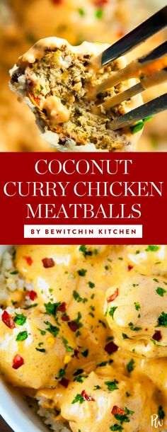 coconut curry chicken meatballs on a fork in a white bowl with text overlay