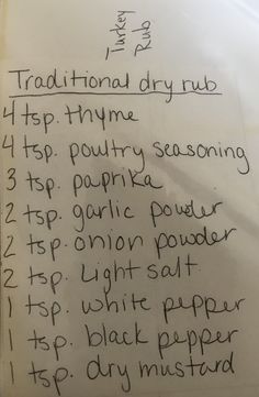 a handwritten recipe for traditional dry rubs