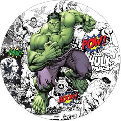 an image of the incredible hulk in front of many other characters and their names on a plate