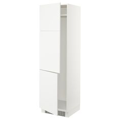 a tall white cabinet with two doors open