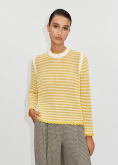 A welcome reminder of blue skies, ME+EM's Yellow/White Cotton Crochet Bracelet Sleeve Breton Sweater heroes a Breton stripe in sunshine hues that instantly brighten your cold-weather outfitting. In a pure-cotton knit, it's a year-round staple detailed wit Breton Sweater, Cupro Fabric, Bracelet Sleeve, Fashion Me, Combat Trousers, Womenswear Fashion, Crochet Bracelet, Long Sleeve Striped Top, Womens Cashmere