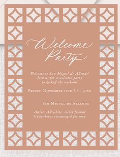 an orange and white wedding card with the words welcome party in cursive font