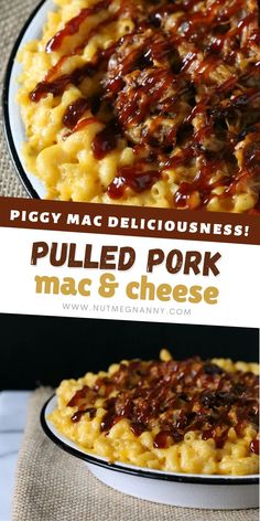 pulled pork mac and cheese on a plate with text overlay that says piggy mac and cheese