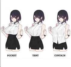 four different poses of a woman in short shorts and a white shirt with black hair