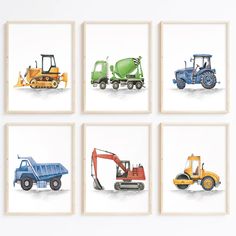 four framed pictures of different types of construction vehicles