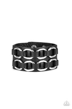 Black leather laces thread through two rows of bold silver links across the front of a thick black leather band for a gritty look. Features an adjustable snap closure. This urban collection bracelet is perfect for men or women. Think how great this bracelet would look paired with a dark t-shirt while sitting front row at your favorite rock band! Sold as one individual bracelet. Paparazzi Jewelry Images, Accessories 2020, Paparazzi Accessories Jewelry, Black Leather Bracelet, Snap Bracelets, Silver Frames, Unisex Bracelets, Band Bracelet, Black Bracelets