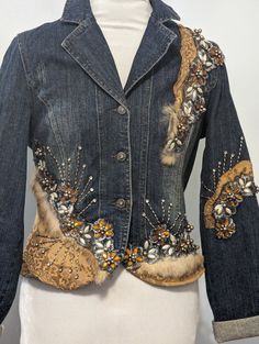 Embellished Beaded Sequins Fox Fur Trim Blue Denim Jacket by WEST 36th Western Rodeo Embroidered Rhinestones Studs - Etsy Beaded Denim, Western Rodeo, Embellished Denim, Blue Jean Jacket, Denim Blazer, Blue Denim Jacket, Rhinestone Studs, Fox Fur