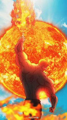 an anime character in front of the sun with his arm up and one hand on his hip