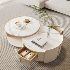 a white coffee table with an open drawer underneath it and a potted plant on top