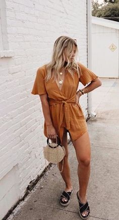 Mustard Tie-Front Romper. @irisdayton falling for our Falling For You Romper. Tap pic to shop. Use code BOHO20 for 20% off and free shipping! Mustard Romper Outfit, Mustard Jumpsuits And Rompers For Summer, Spring Mustard Mini Dress For Beach, Casual Mustard Mini Dress, Yellow V-neck Jumpsuits And Rompers For Vacation, Cute Thanksgiving Outfits, Dress With Tie, Pink Boho, Thanksgiving Outfit