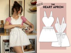 a woman wearing an apron and dress in front of a kitchen counter with the words, the heart apron on it