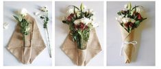 three different pictures of flowers on a piece of paper and tied in twine to each other