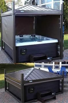 an outdoor hot tub in the middle of two different pictures, one with a cover over it