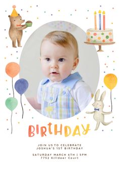 a child's birthday card with an image of a baby in front of a cake and balloons