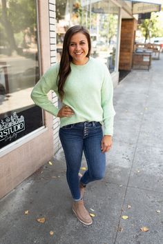 Bt Green 2Tone Pullover Sweater Curvy Shorts, Solid Sweaters, Yellow And Green, Romper Pants, Basic Tees, Sweater Weather, Dress Accessories, Short Tops, Pullover Sweater